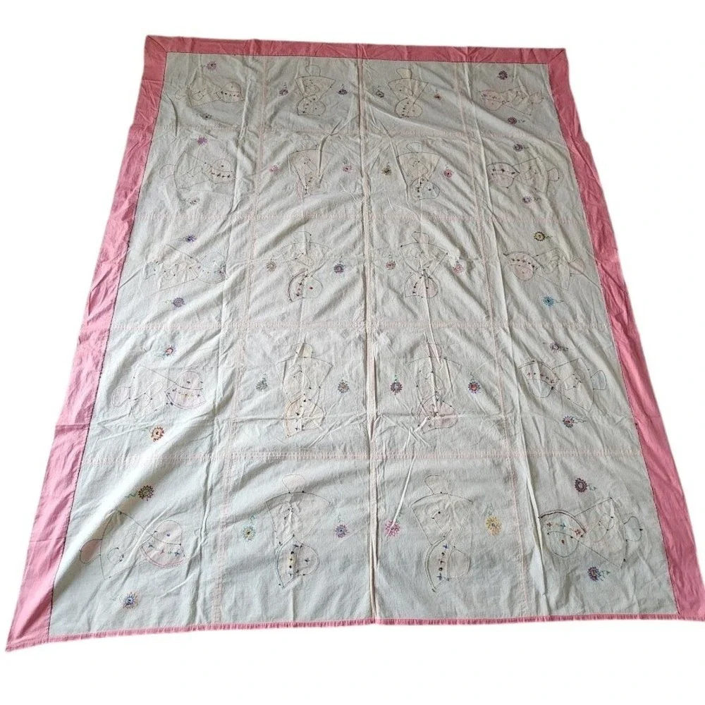 VINTAGE HANDMADE Sunbonnet Style Appliqué Quilt Top Pink‎ Folk Art 75x88